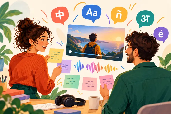 Helle, flächige redaktionelle Illustration von zwei eigenständigen Figuren, die Notizen für einen Sprechertext, einen Videobildschirm und bunte Sprachsymbole vor einem warmen cremefarbenen Hintergrund anordnen.