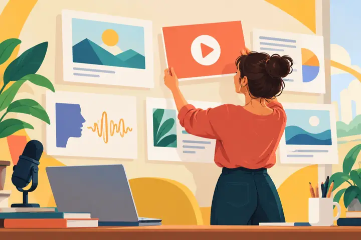 Farbenfrohe, flächige redaktionelle Illustration einer eigenständigen präsentierenden Figur, die Präsentationsfolien und ein Videowiedergabesymbol anordnet.