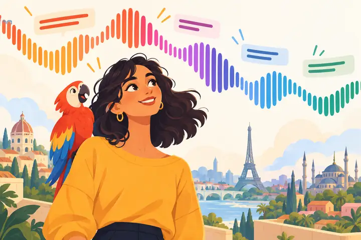 Verspielte, flächige redaktionelle Illustration einer eigenständigen Figur unter einer fließenden Audiowellenform und Untertitelsymbolen.
