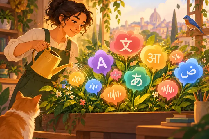 Warme, flächige redaktionelle Illustration einer eigenständigen Figur, die eine farbenfrohe Anordnung von Sprachsymbolen und Klangnoten pflegt.