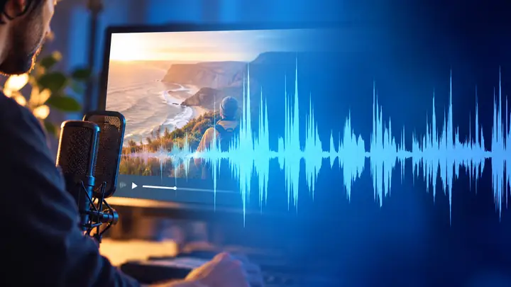 Eine Videovorschau mit einer Ankündigung und einer blauen Audiowellenform.